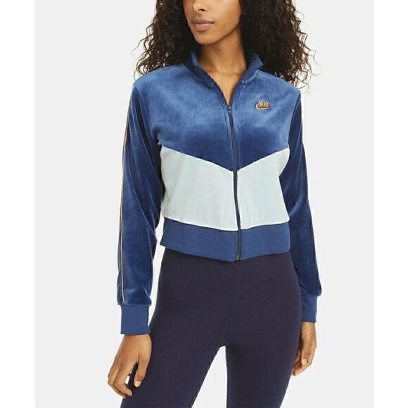 Nike Velvet Hoodie Y2K Full Zip 90's Sports Sweatshirt Blue Womens Large - Picture 1 of 10